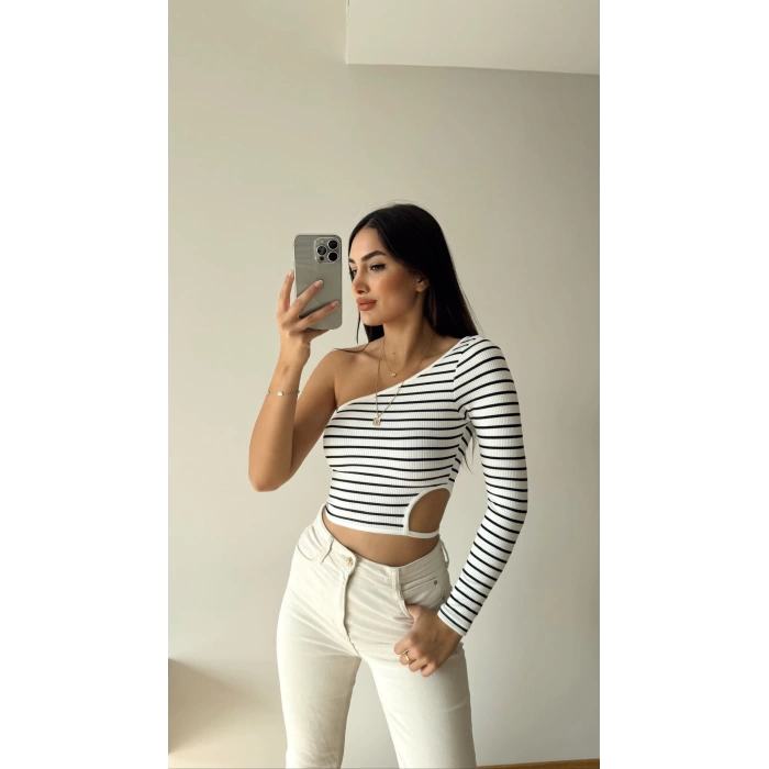Omuz Ve Bel Detay Çizgili Crop Bluz-BEYAZ