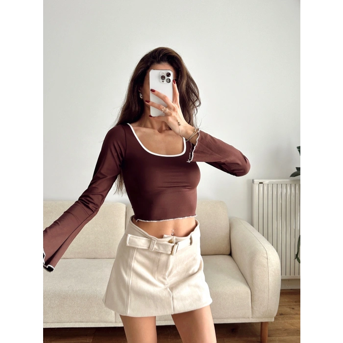 Ön Arka Oval Biyeli Crop - KAHVE