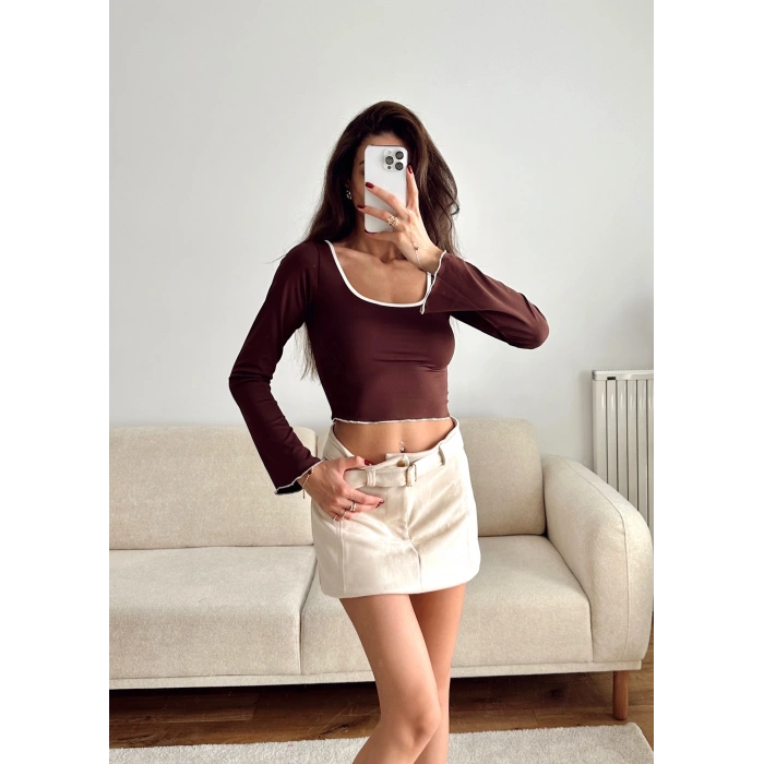 Ön Arka Oval Biyeli Crop - KAHVE