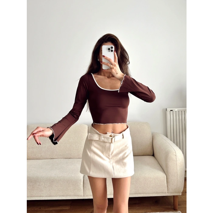 Ön Arka Oval Biyeli Crop - KAHVE