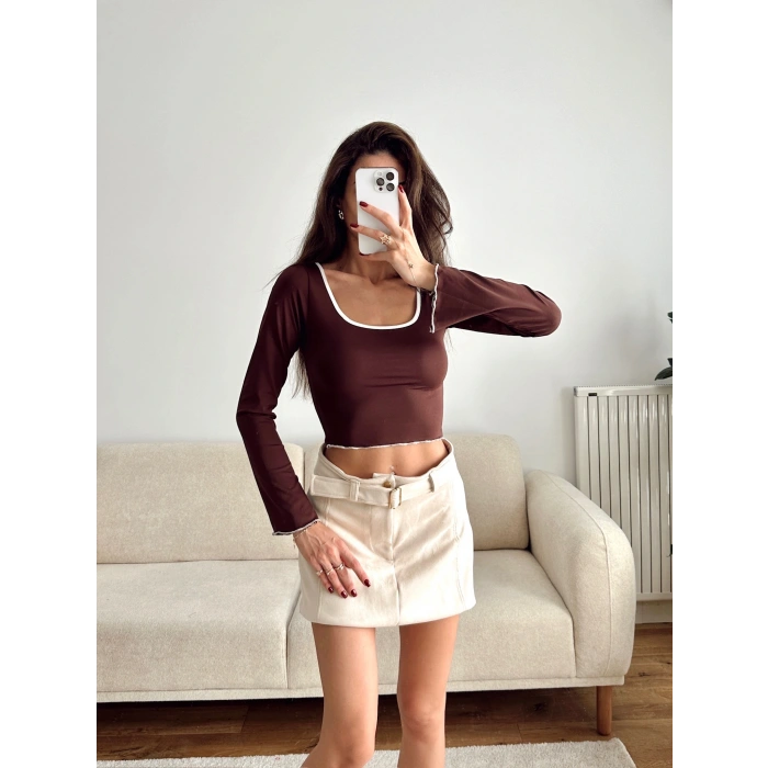 Ön Arka Oval Biyeli Crop - KAHVE
