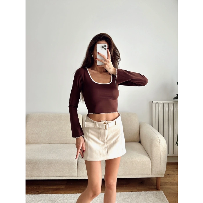 Ön Arka Oval Biyeli Crop - KAHVE