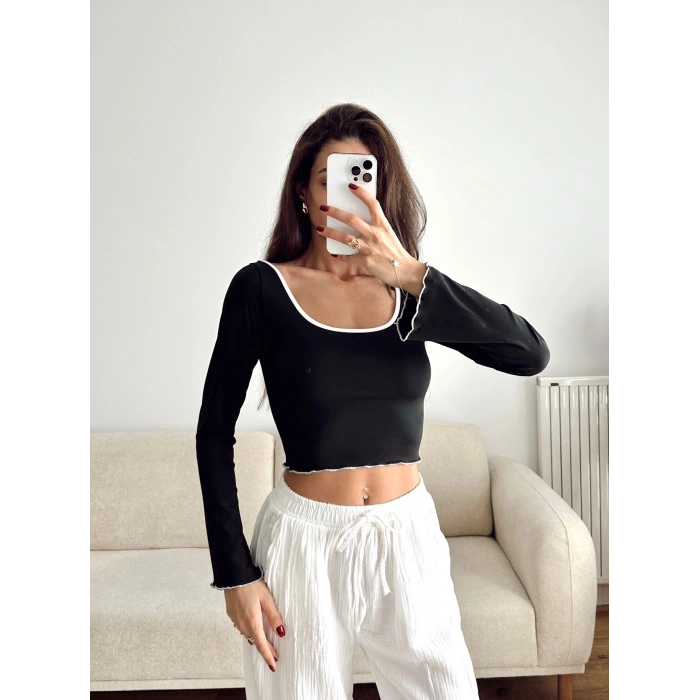 Ön Arka Oval Biyeli Crop - SİYAH
