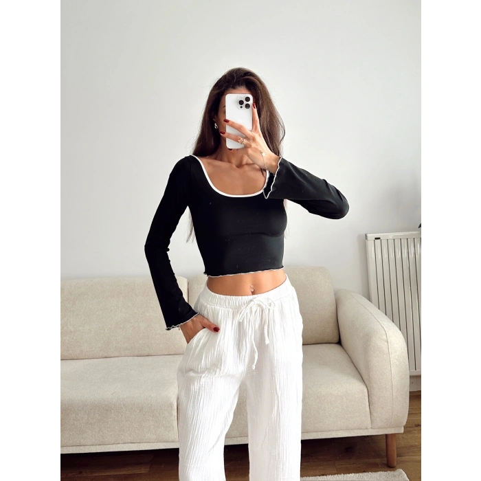 Ön Arka Oval Biyeli Crop - SİYAH