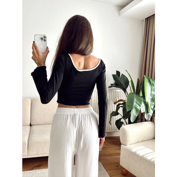 Ön Arka Oval Biyeli Crop - SİYAH