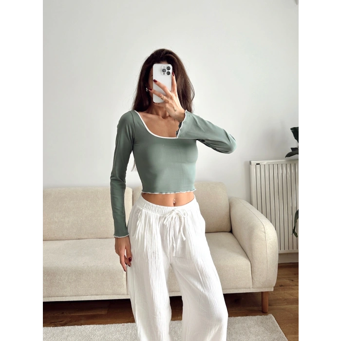 Ön Arka Oval Biyeli Crop - YEŞİL