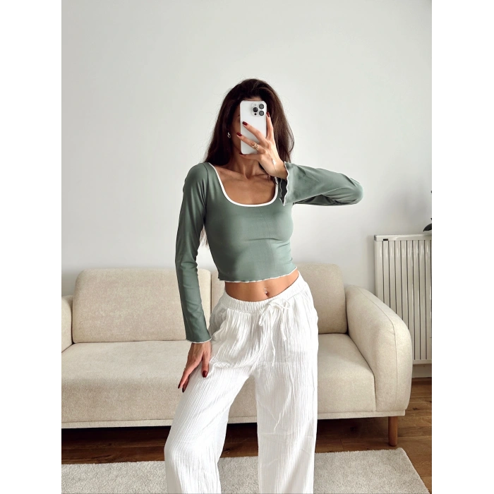 Ön Arka Oval Biyeli Crop - YEŞİL