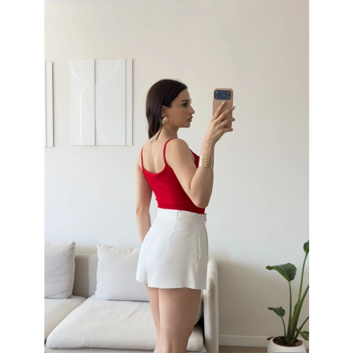 Ön Bağcık Askılı Bodysuit - KIRMIZI