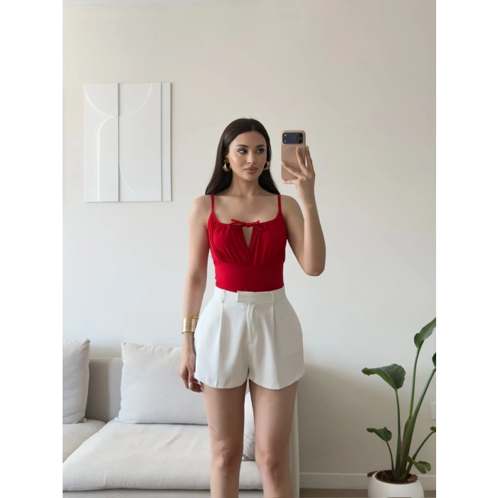 Ön Bağcık Askılı Bodysuit - KIRMIZI