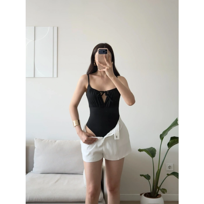 Ön Bağcık Askılı Bodysuit - SİYAH