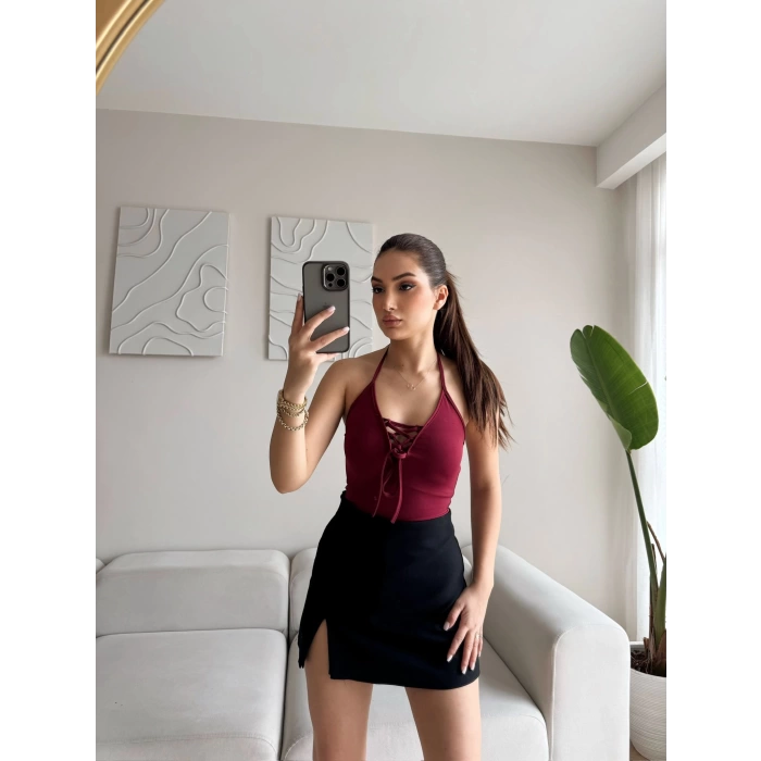 Ön Bağcıklı Boyun Askılı Bodysuit - BORDO
