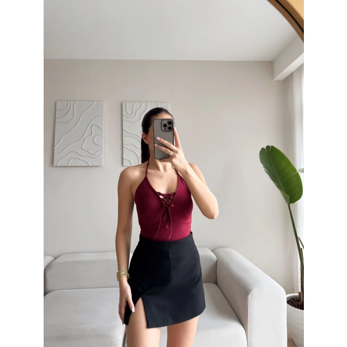 Ön Bağcıklı Boyun Askılı Bodysuit - BORDO