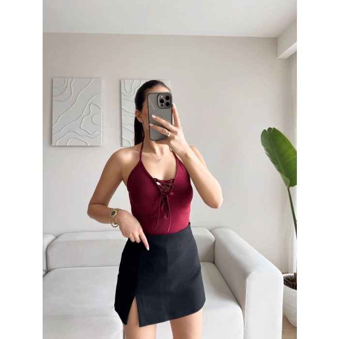 Ön Bağcıklı Boyun Askılı Bodysuit - BORDO
