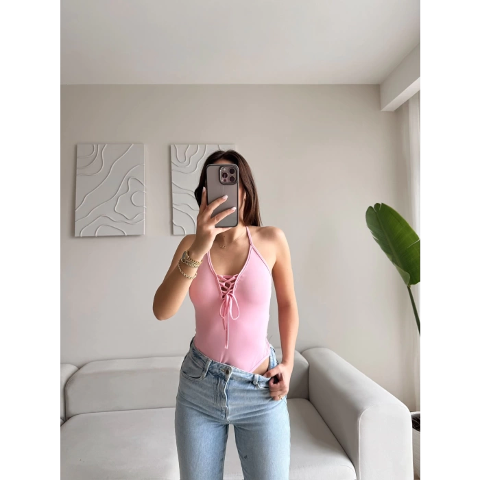 Ön Bağcıklı Boyun Askılı Bodysuit - PUDRA