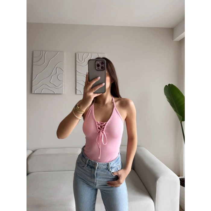 Ön Bağcıklı Boyun Askılı Bodysuit - PUDRA