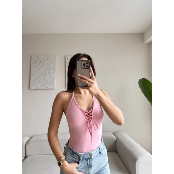 Ön Bağcıklı Boyun Askılı Bodysuit - PUDRA
