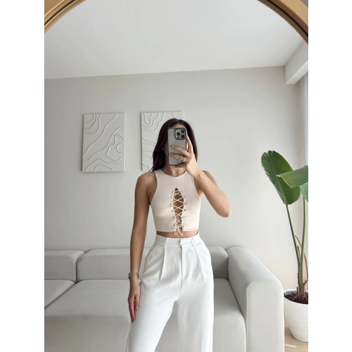 Ön Bağcıklı Kuşgözü Crop - BEJ