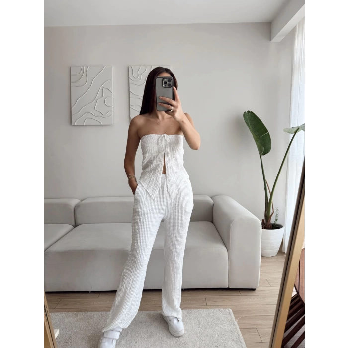 Ön Bağlamalı Crop & Pantolon Takım - BEYAZ
