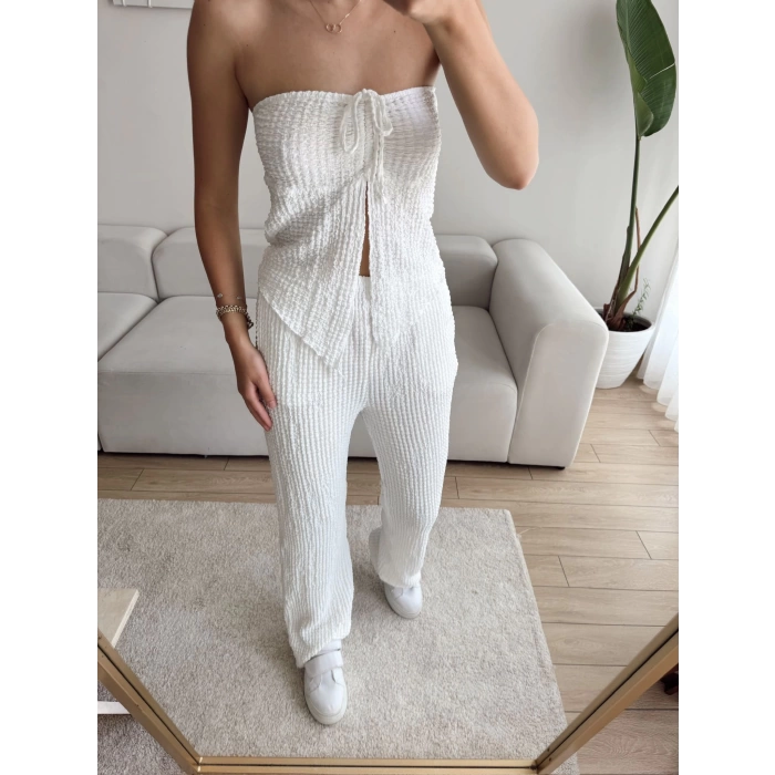 Ön Bağlamalı Crop & Pantolon Takım - BEYAZ