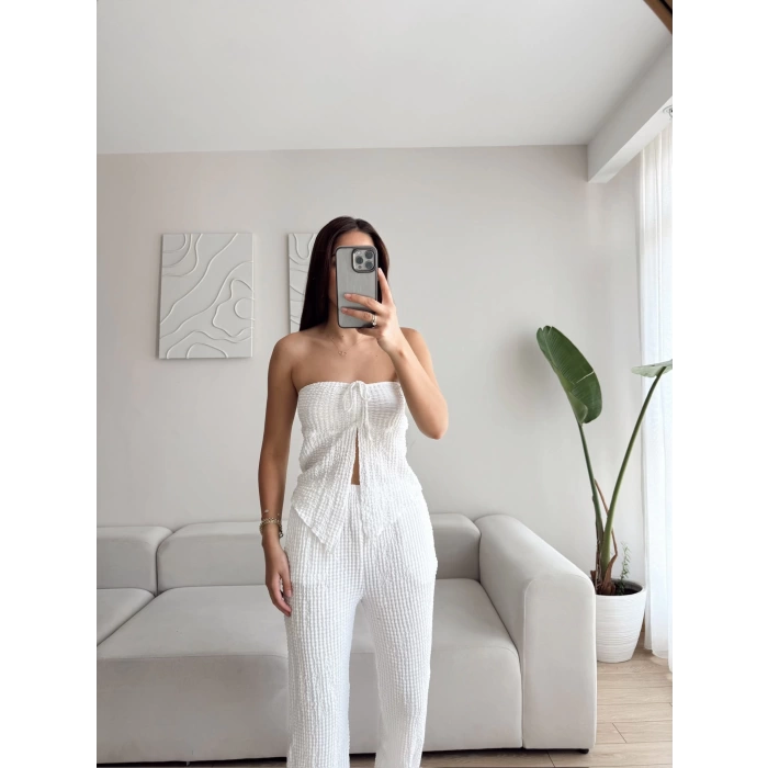 Ön Bağlamalı Crop & Pantolon Takım - BEYAZ