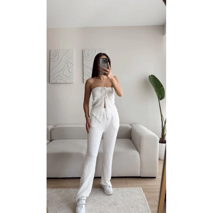 Ön Bağlamalı Crop & Pantolon Takım - BEYAZ