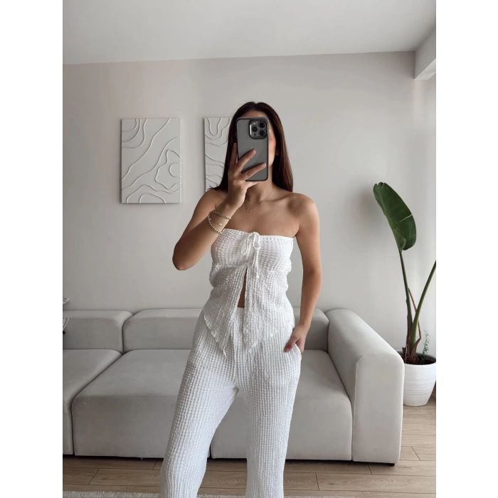 Ön Bağlamalı Crop & Pantolon Takım - BEYAZ