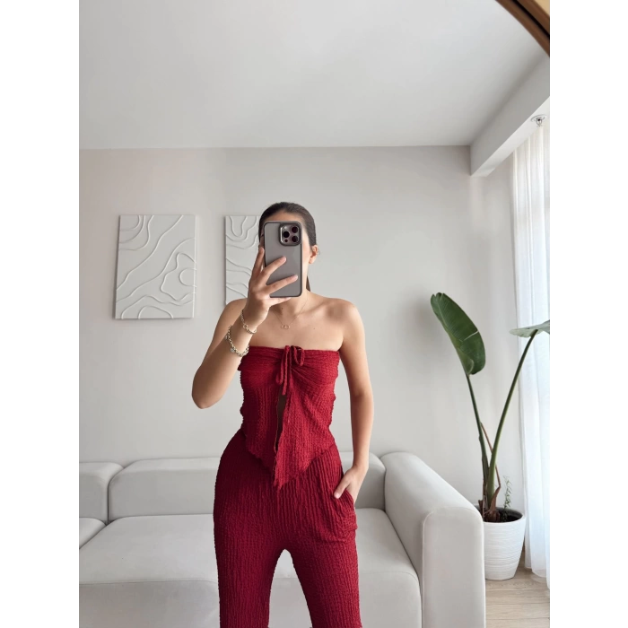 Ön Bağlamalı Crop & Pantolon Takım - BORDO