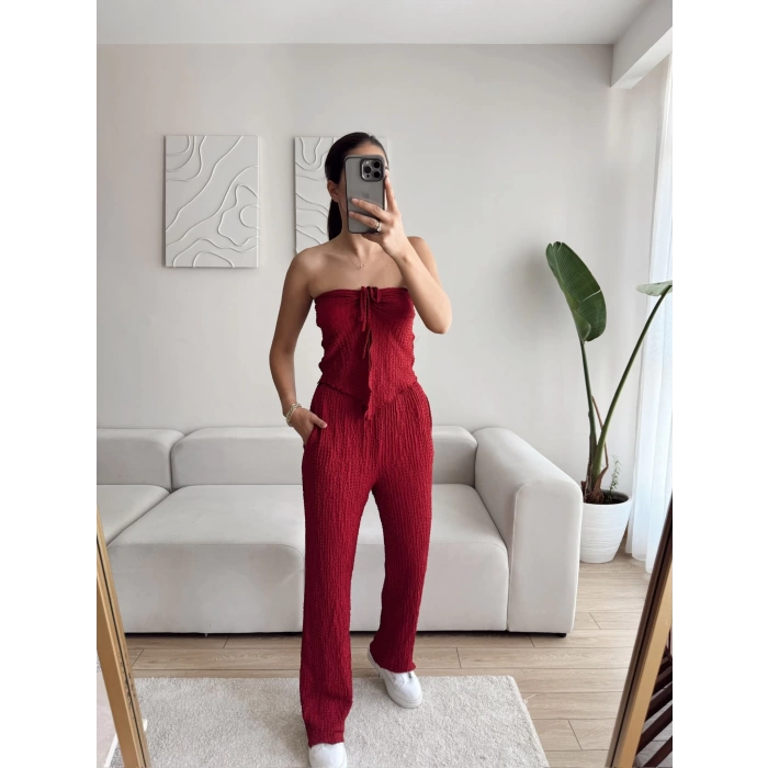 Ön Bağlamalı Crop & Pantolon Takım - BORDO