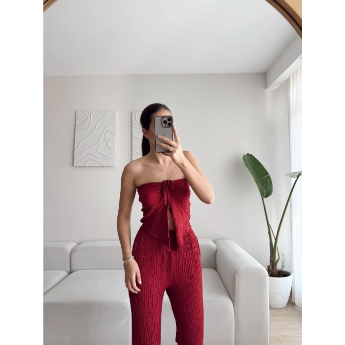 Ön Bağlamalı Crop & Pantolon Takım - BORDO