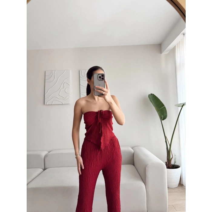 Ön Bağlamalı Crop & Pantolon Takım - BORDO