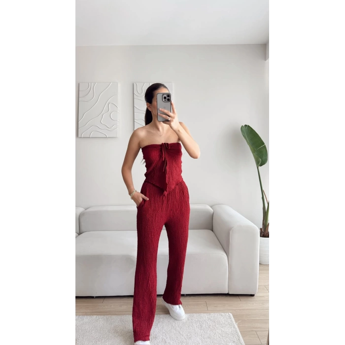 Ön Bağlamalı Crop & Pantolon Takım - BORDO