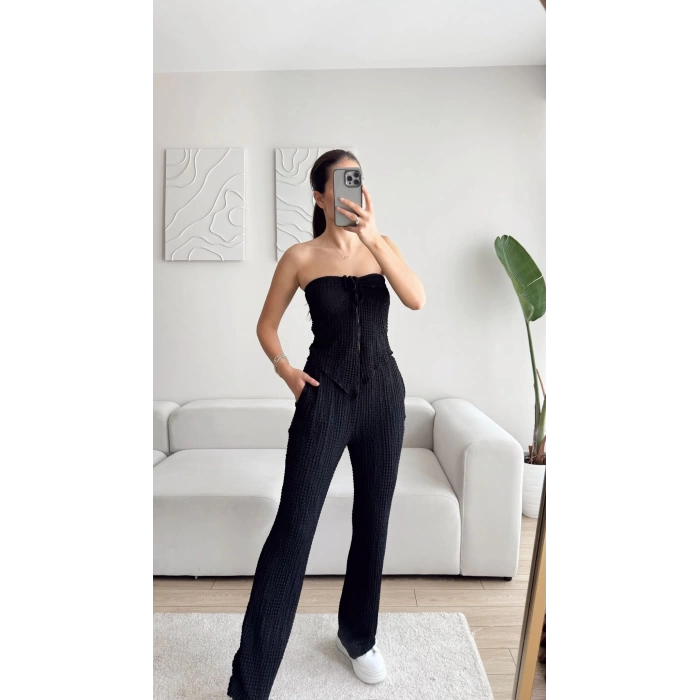 Ön Bağlamalı Crop & Pantolon Takım - SİYAH