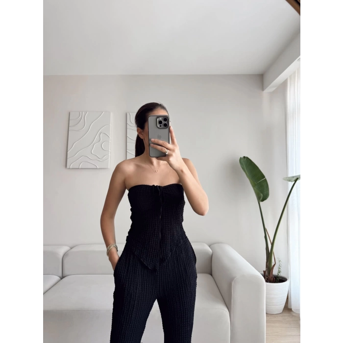 Ön Bağlamalı Crop & Pantolon Takım - SİYAH