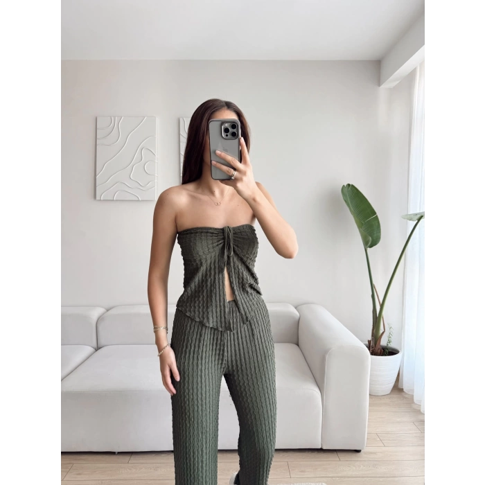 Ön Bağlamalı Crop & Pantolon Takım - HAKİ