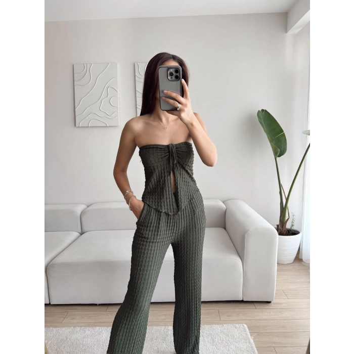 Ön Bağlamalı Crop & Pantolon Takım - HAKİ