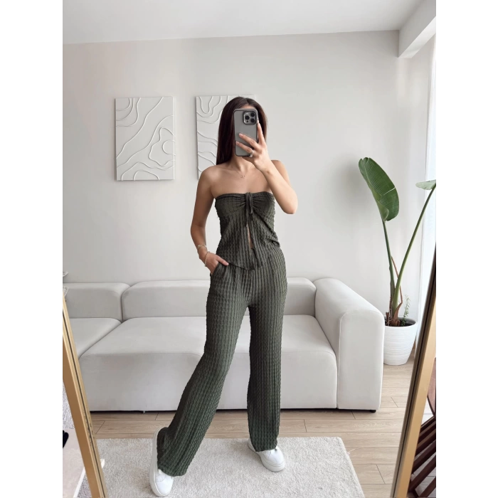 Ön Bağlamalı Crop & Pantolon Takım - HAKİ