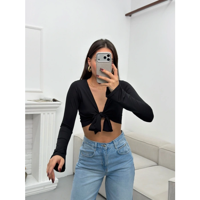 Ön Bağlamalı Crop - SİYAH