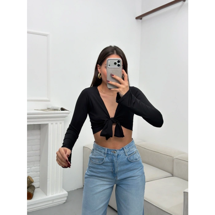Ön Bağlamalı Crop - SİYAH