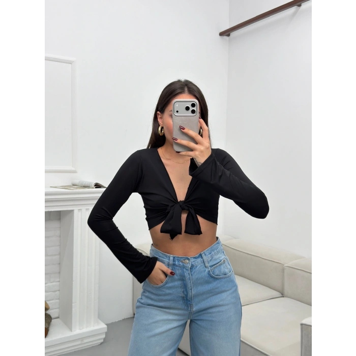 Ön Bağlamalı Crop - SİYAH