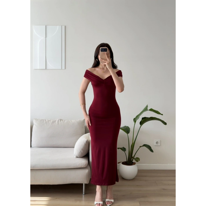 Ön Burgu Madonna Long Elbise - BORDO