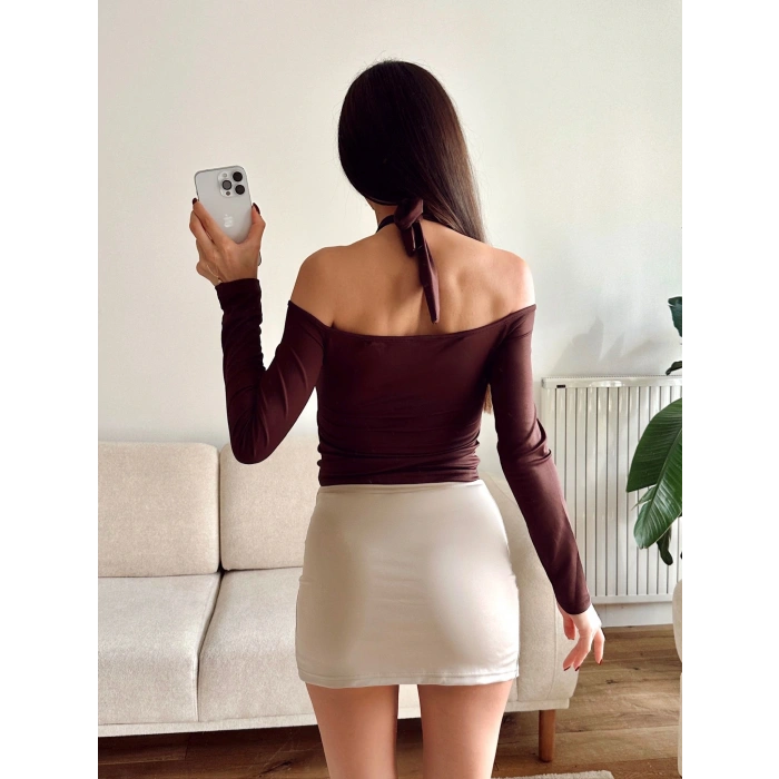 Ön Büzgü Boyun Bağlamalı Crop - KAHVE