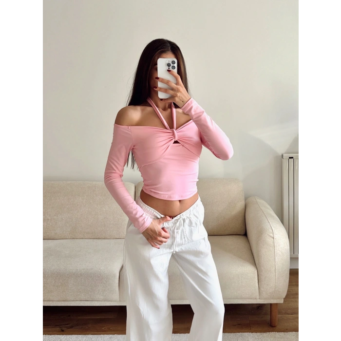 Ön Büzgü Boyun Bağlamalı Crop - PEMBE