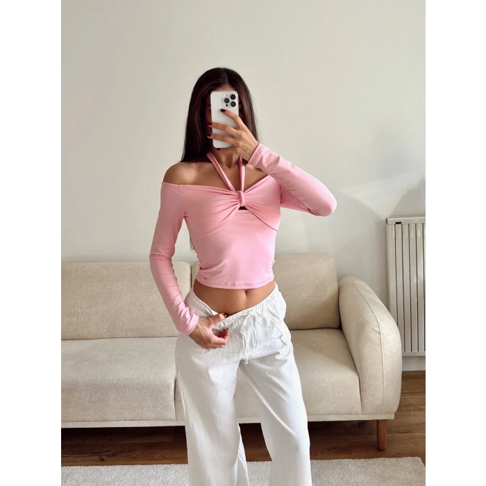Ön Büzgü Boyun Bağlamalı Crop - PEMBE