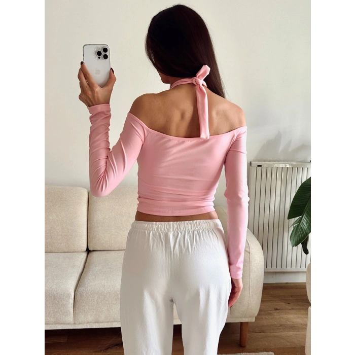 Ön Büzgü Boyun Bağlamalı Crop - PEMBE