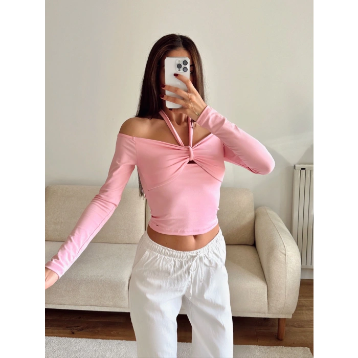Ön Büzgü Boyun Bağlamalı Crop - PEMBE