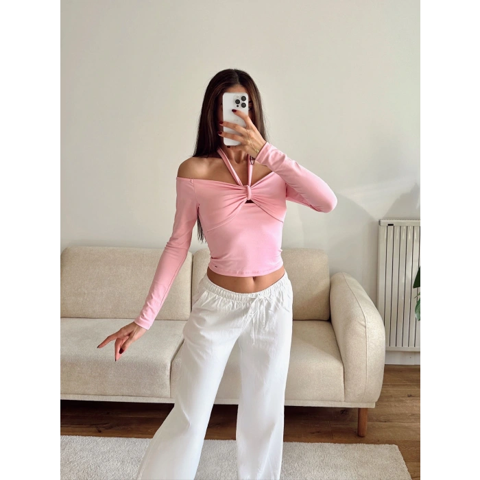 Ön Büzgü Boyun Bağlamalı Crop - PEMBE