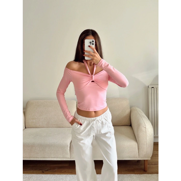 Ön Büzgü Boyun Bağlamalı Crop - PEMBE
