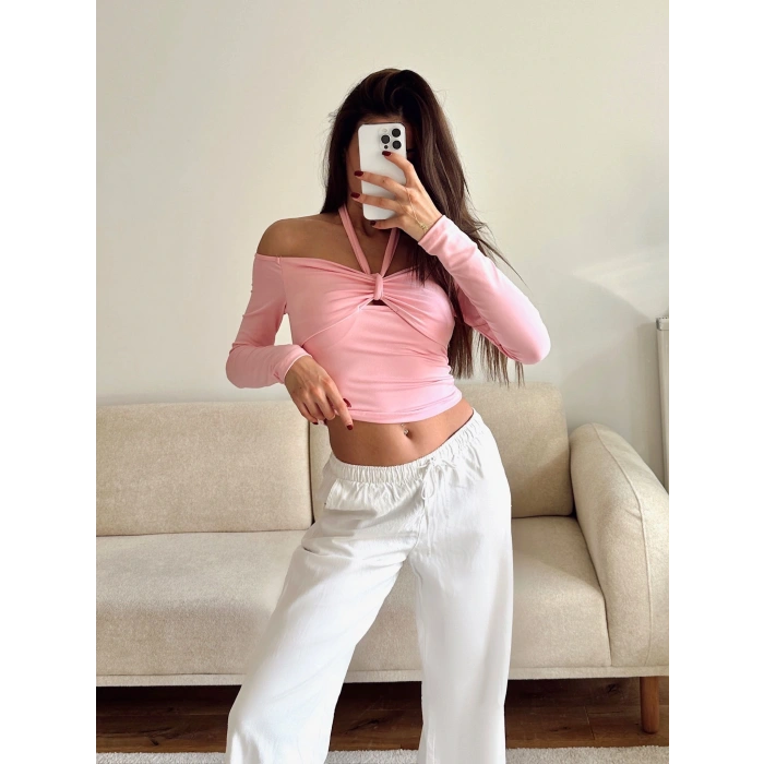 Ön Büzgü Boyun Bağlamalı Crop - PEMBE