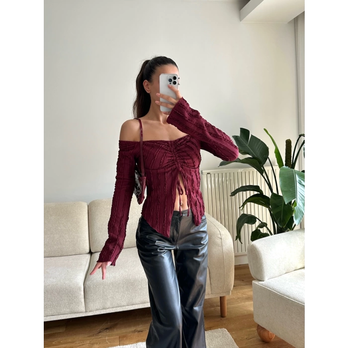Ön Büzgü Madonna Bluz - BORDO