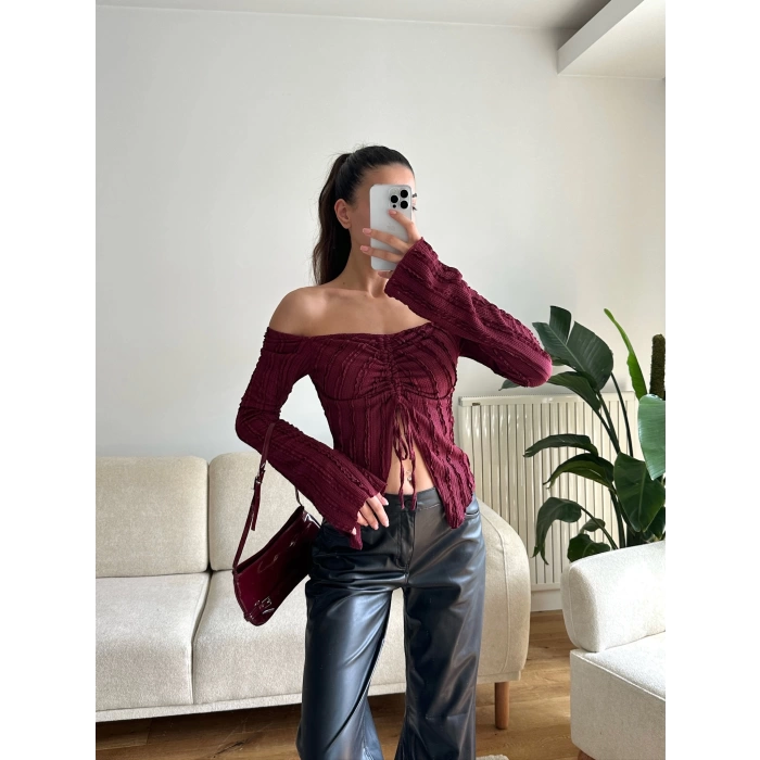 Ön Büzgü Madonna Bluz - BORDO